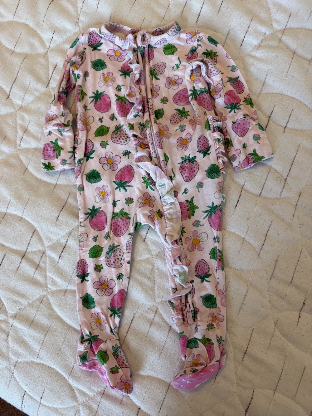 Posh Peanut Pink Strawberry Ruffle Zip Footed Pajamas
